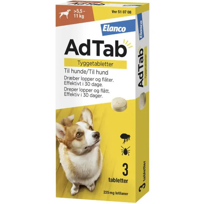 Hovedbilde AdTab Vet 225 mg Hund 5,5-11 kg Tyggetabletter 3 stk