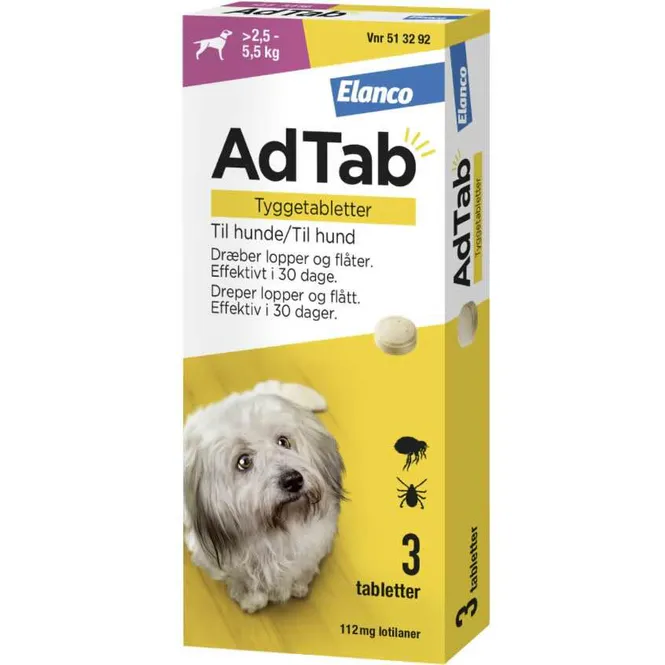 Hovedbilde AdTab Vet 112 mg Hund 2,5-5,5 kg Tyggetabletter 3 stk
