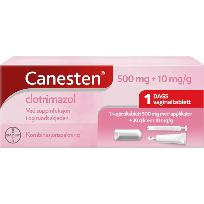 Hovedbilde Canesten 500 mg Vaginaltablett + 10 mg/g Krem 1 stk + 20 g
