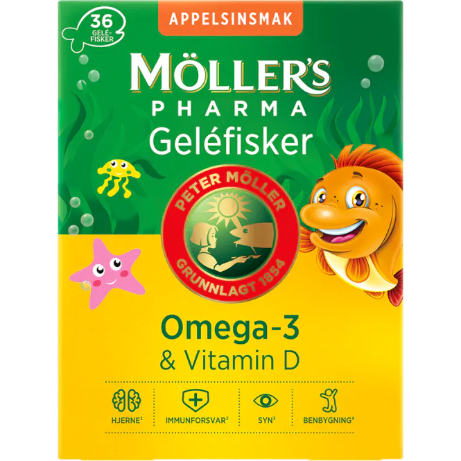 Hovedbilde Møllers Pharma Omega-3 Gelefisker Appelsinsmak 36 stk