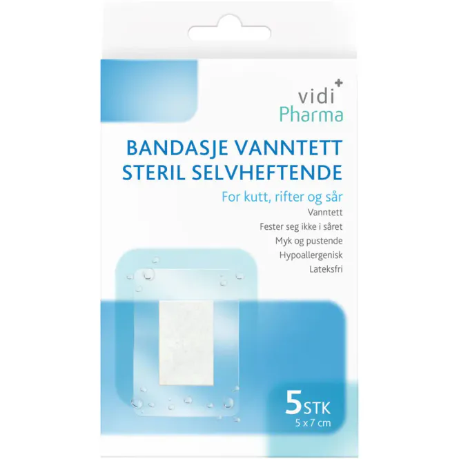 Hovedbilde Vidi Pharma Bandasje Vanntett Steril Selvheftende 5 x 7 cm 5 stk