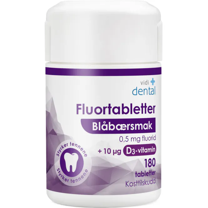 Hovedbilde Vidi Dental Fluortabletter 0,5mg Blåbær + D3 180 stk